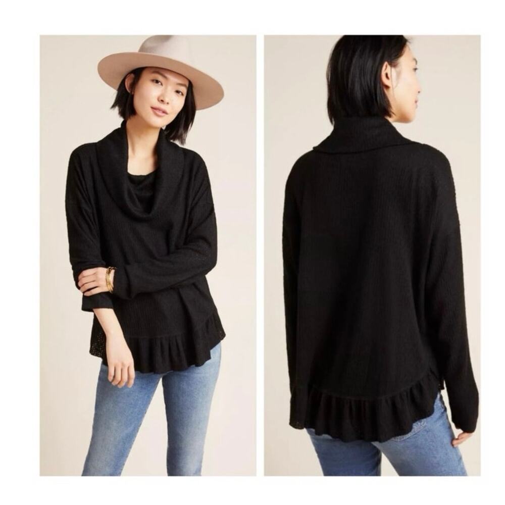 Maeve Anthropologie Addie Ruffled Hacci Sweater Black XS Boho Bohemian Cozy Soft